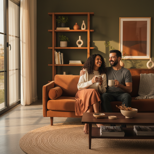 a couple on a sofa, warm light, modern home decor, earthy tones