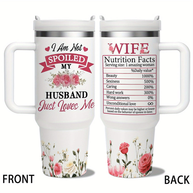 1pc Stainless Steel Insulated Tumbler - 40oz Capacity, Handle, Lid, Straw, Husband Loves Wife