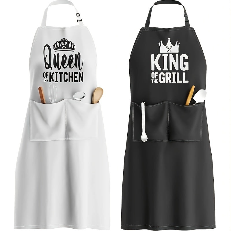 Two-pack of polyester couple aprons with adjustable neck strap and letter design