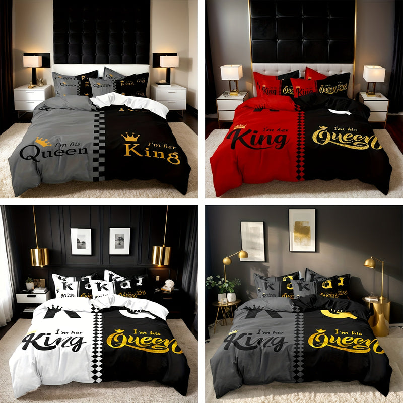 Set of 3 Valentine's Day Duvet Covers Featuring a King And Queen Crown Design