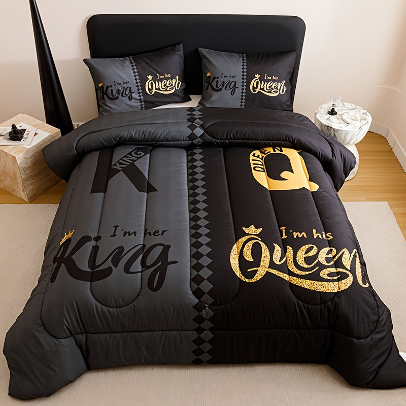Tog 3 3pcs Super Soft Breathable Black Grey Color Blocking Crown Letter Thickening Quilt Set (1 Comforter +2 Pillowcases Without Pillow Core), Contains Padding 180gsm Quilting Soft Ventilate Digital Printing Bedroom Dormitory