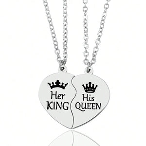 Her King His Queen Stainless Steel Pendant Necklace Heart Matching Couple Necklaces Jewelry Gifts