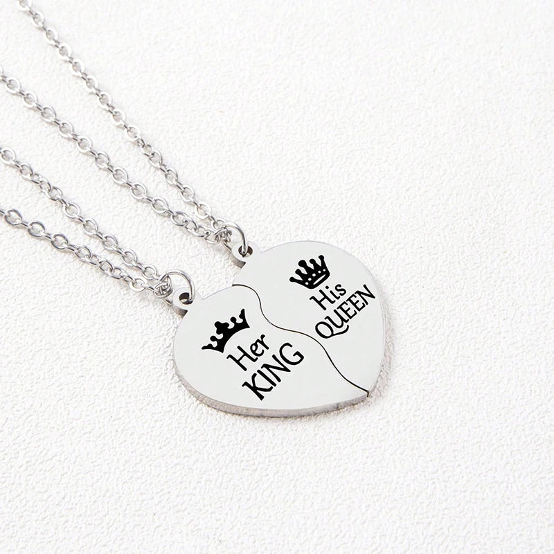Her King His Queen Stainless Steel Pendant Necklace Heart Matching Couple Necklaces Jewelry Gifts