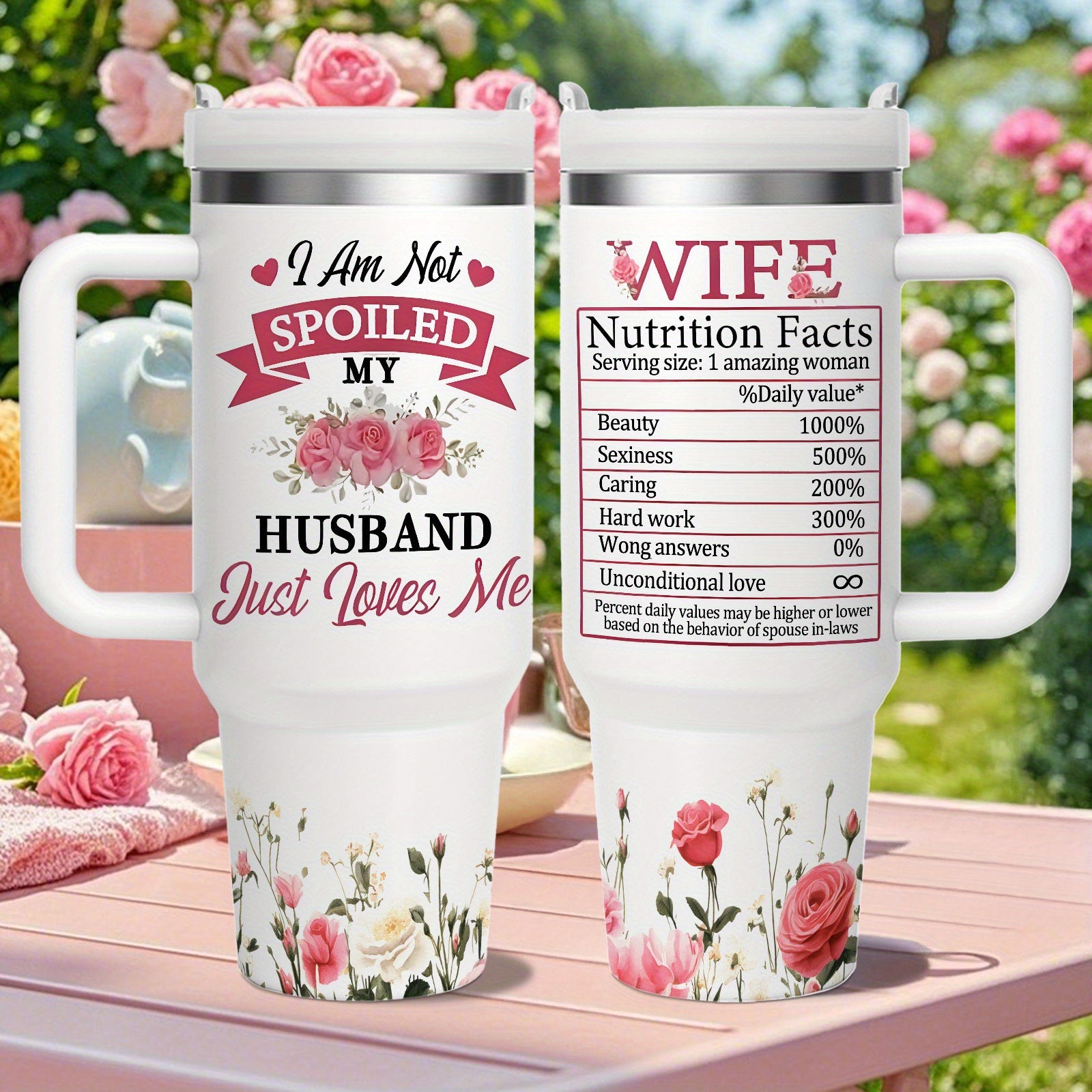 1pc Stainless Steel Insulated Tumbler - 40oz Capacity, Handle, Lid, Straw, Husband Loves Wife